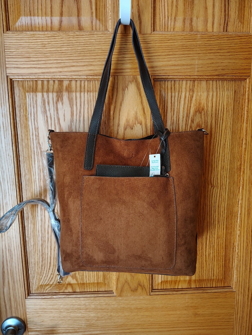 Brown Suede Tote Bag with Dark Brown Handles